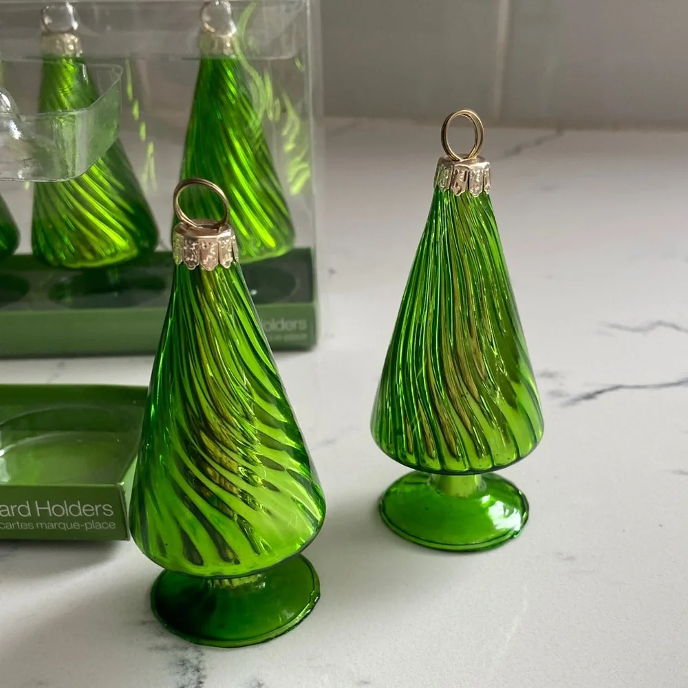 Crate & Barrel Glass Christmas Tree Place Card Holders Set 8 Green